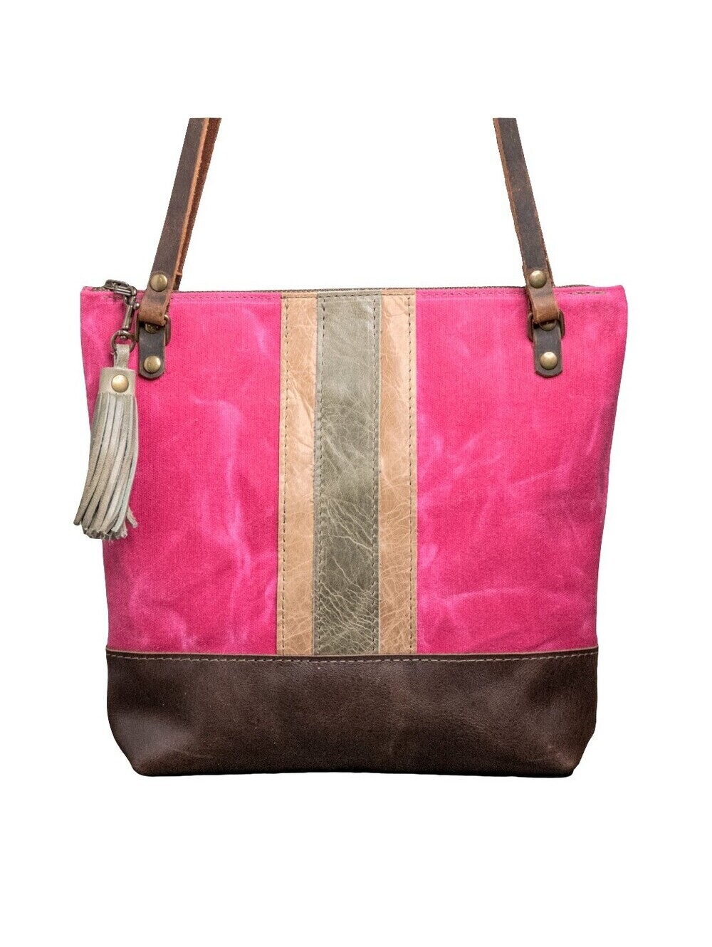 Handmade Leather & waxed canvas Tote Bag * Zipper Top * Pink with Brown Stripe